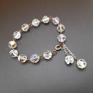 Vintage Aurora Borealis Crystal Bead Bracelet Tassel Dangles